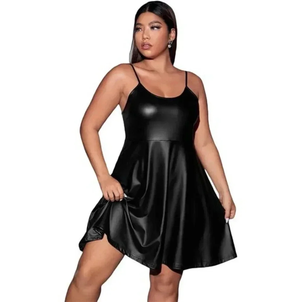 Women's Plus Size Spaghetti Strap Pu Leather Flared Hem A Line Cami Dress